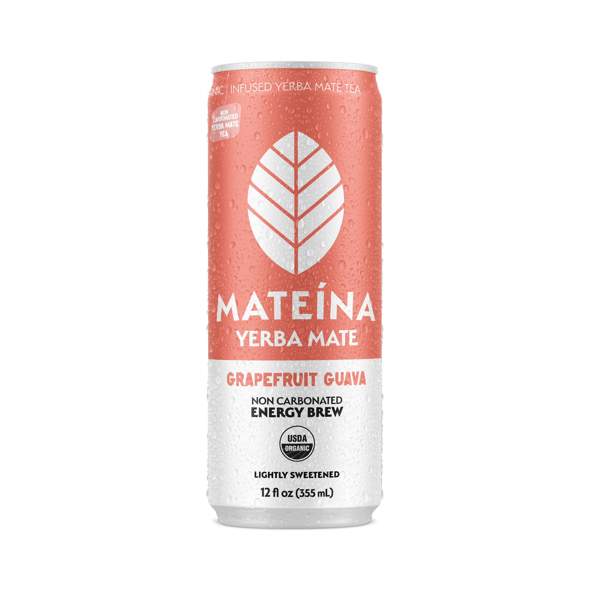 Mateina Energy Brew Grapefruit Guava can, non-carbonated yerba mate, lightly sweetened beverage.